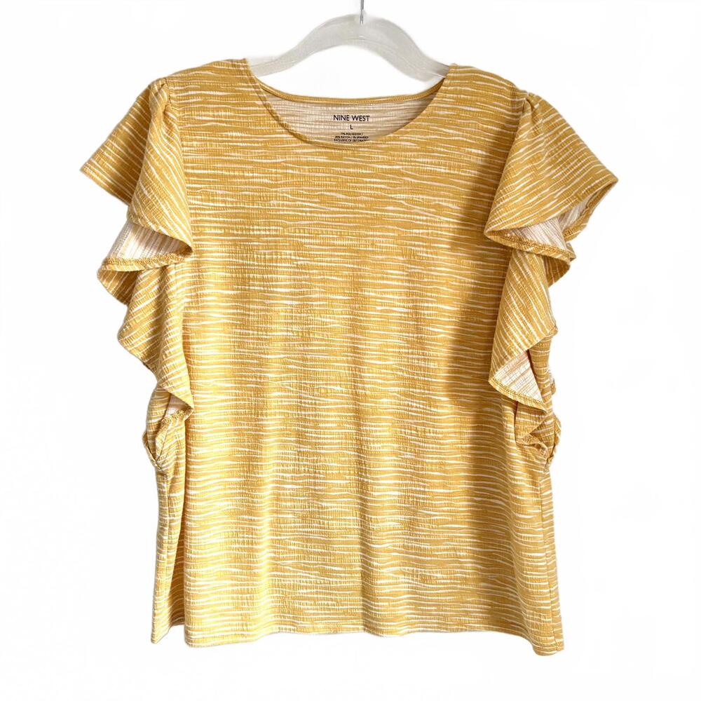 Nine West | Women’s Short Flutter Sleeve Yellow and White Soft Knit Top Size L